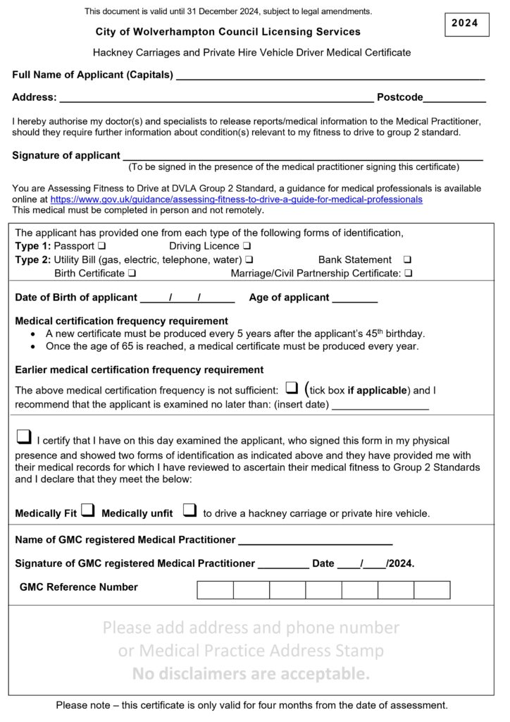 Wolverhampton Taxi Medical Certificate Form 2024 - DriverDoctors